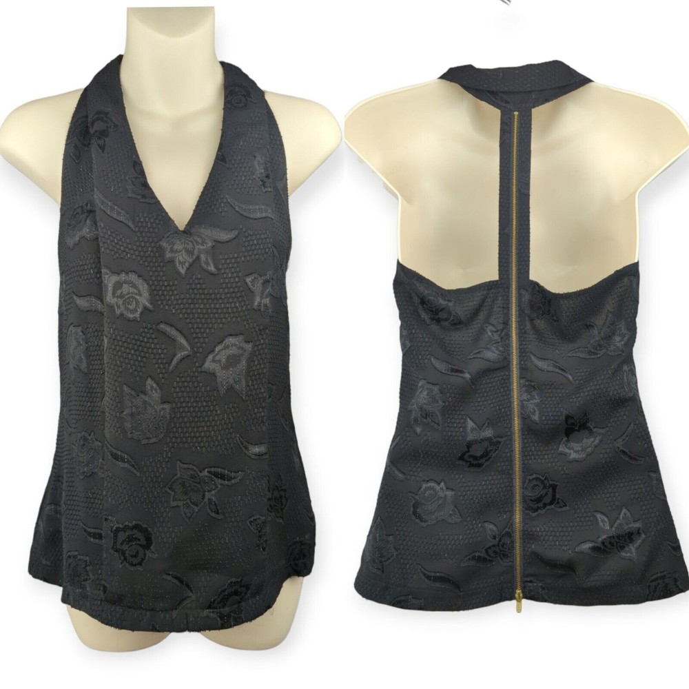 COOPER & ELLA Black Tank Top T-back Blouse Floral Metallic Chiffon Zipper XS